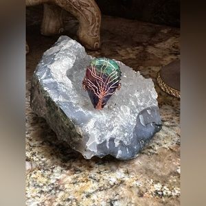 Huge Copper Wire Wrapped Rainbow Quartz Stone Ring